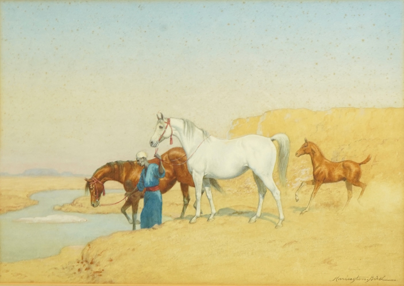 John Alexander Harrington Bird (English, 1846-1936), Groom leading Arabian horses to water, watercolour, 35 x 49cm